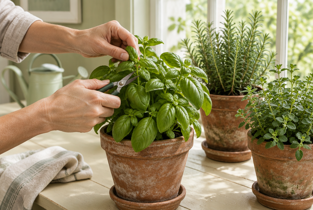 Hands trimming and inspecting healthy indoor basil, rosemary, and oregano plants