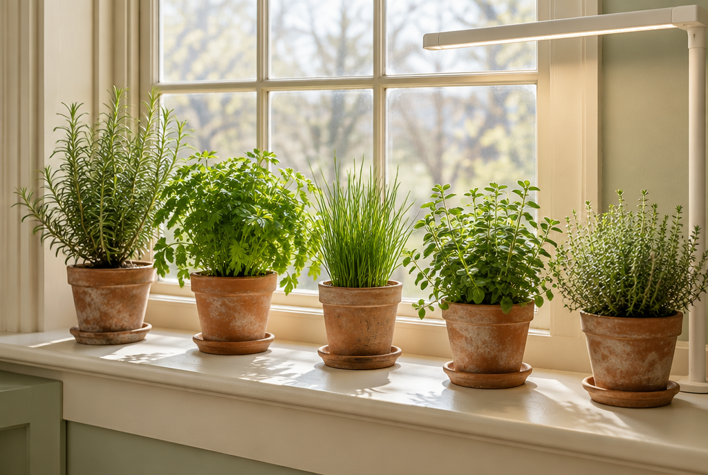 Indoor culinary herbs growing in terracotta pots beside a sunny window and grow light