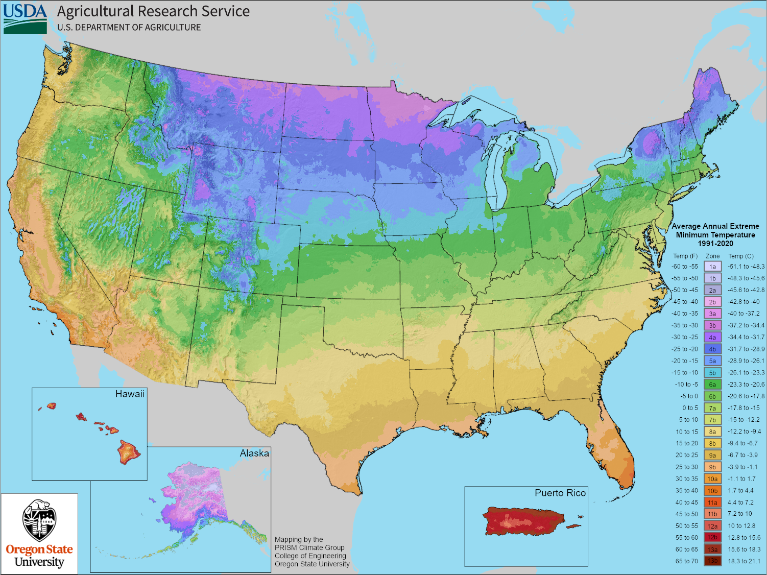 2023 USDA Plant Hardiness Zone Map with a and b subzones
